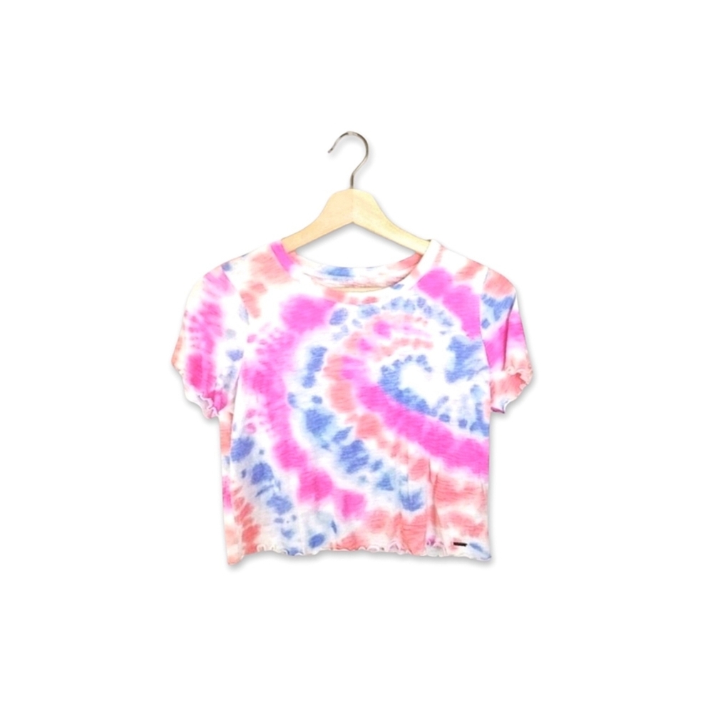 Hollister Must Have Collection Pink Orange Blue Tie Dye White Crop Tee Size M